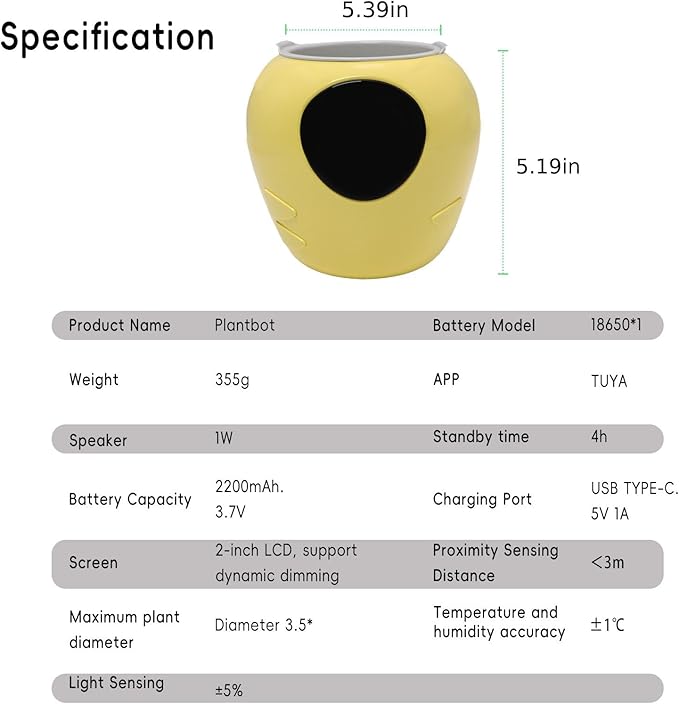 Smart Plant Pot with Expression, AI Intelligent Flower Pot for Indoor Decoration, Smart Garden Pot with Water/Light/Temperature Sensors, Ivy AI Planter (Yellow（Big）)