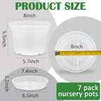 7 Pack 8 Inch Clear Nursery Pots with Saucer, Transparent Plastic Plant Pot with Drainage Holes, Sturdy Plant Starter Pots, Planter Pot for Planting Succulent Flower Herb Vegetable, Gardening Gifts