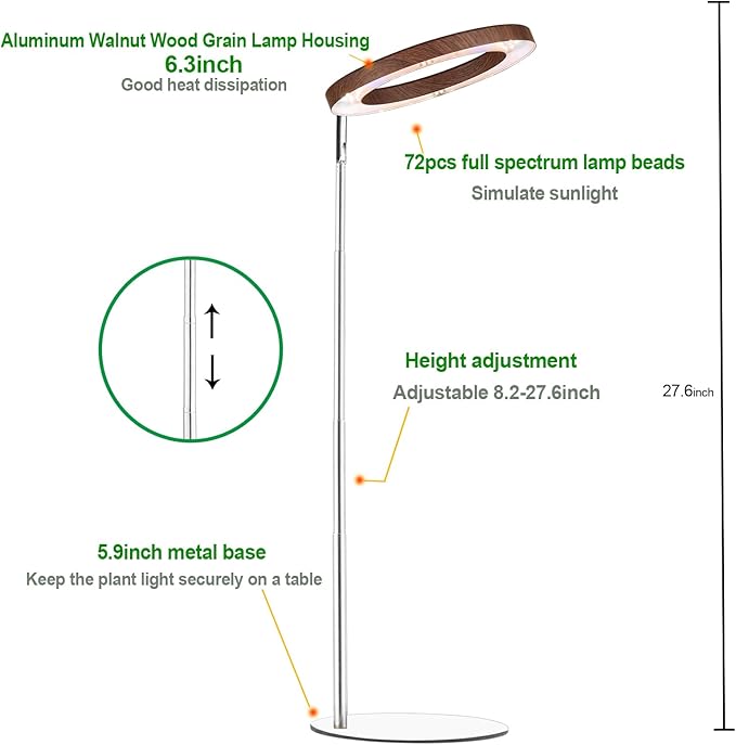 Yadoker 144 LEDs Plant Grow Light for Indoor Plant,Walnut Wood Grain Aluminum LED Grow Light with White Base, Height Adjustable,6.3" Aluminum Housing,Automatic Timer with 8/12/16 Hours,2 Pack