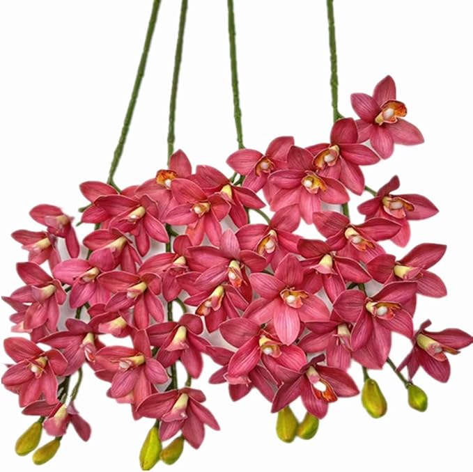 4pcs Artificial Cymbidium Orchid Flower Plant 3D Print Vanda 10 Heads Latex Phalaenopsis Flower (deep Pink)