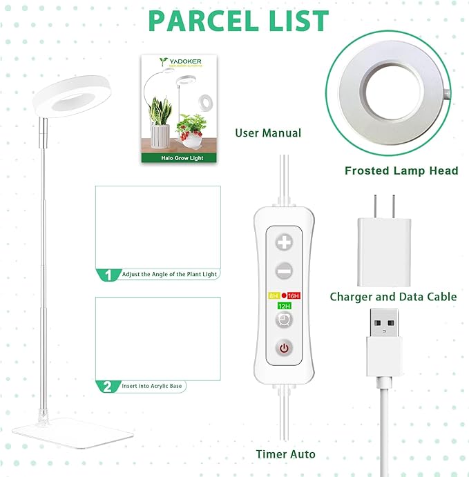 yadoker Halo Plant Grow Light, LED Growing Light with Base Full Spectrum for Indoor Plants,Height Adjustable, Automatic Timer, 5V Low Safe Voltage,Idea for Small Plants
