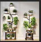 Plant Stand Indoor with Grow Lights - 9-Tier Curved Plant Stand, Tall Metal and Wood Indoor Plant Shelf with Unique Arched Design, Multi-Tier Flower Pot Holder Rack with Waterproof Finish, 63" Tall for Living Room, Balcony, and Garden