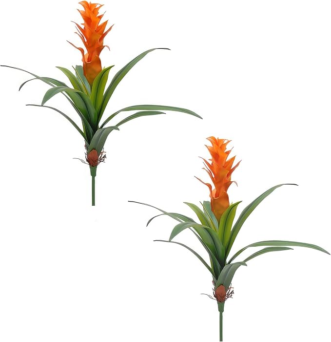 2Pcs Artificial Hawaiian Ginger Flower, 18" Fake Bromeliad Plants,Large Real Touch Faux Tropical Flowers, Lifelike Exotic House Plants for Home Office Indoor Decoration (Orange)