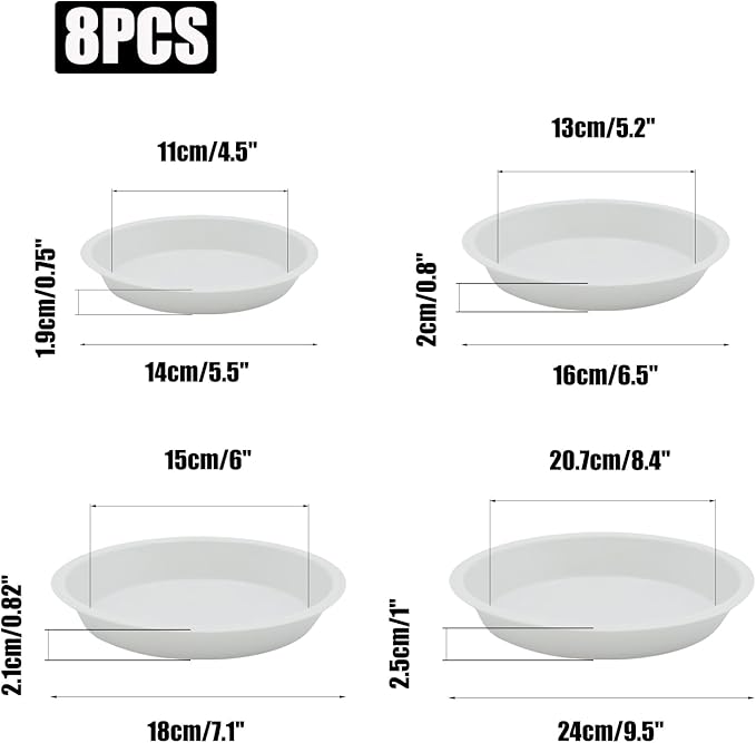 4 Size Round Plant Saucer,8 Pack Pant Pot Trays, Plant Saucers for Indoors and Outdoors, Seed Starting Tray, Growing Trays,White（4",5",6",8"）