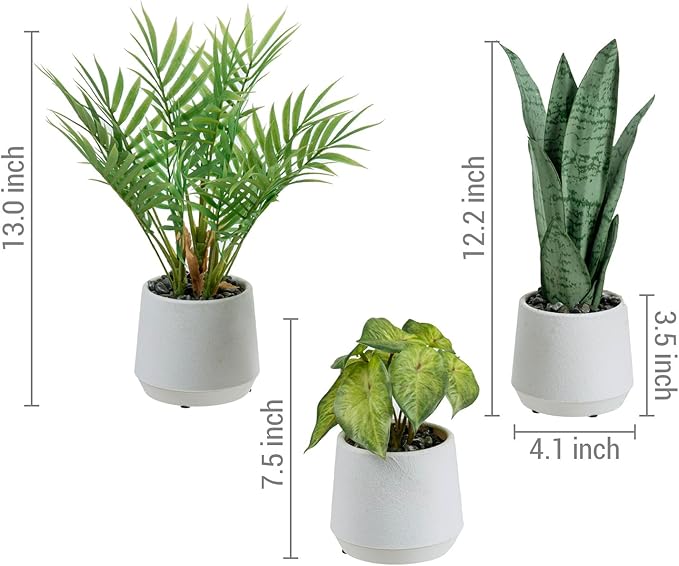MyGift Modern Assorted Artificial Plants Potted in White Textured Planter Pots, 3 Piece Combo Set Tabletop Greenery House Plant Includes Faux Mini Palm, Arrowhead Vine, and Snake Plant