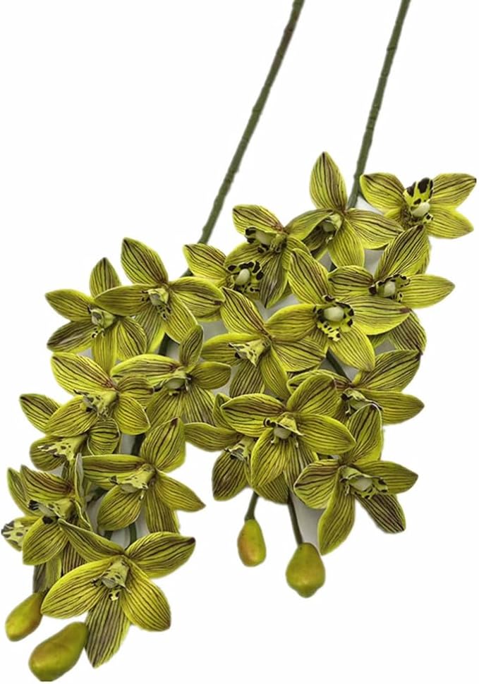 4pcs Artificial Cymbidium Orchid Flower Plant 3D Print Vanda 10 Heads Latex Phalaenopsis Flower (Light Green)