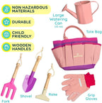 Kinderific Gardening Set, Tool Kit, for Kids, STEM, Includes Tote Bag, Spade, Watering Can, Rake, Fork, Trowel and Gloves (Princess Pink)