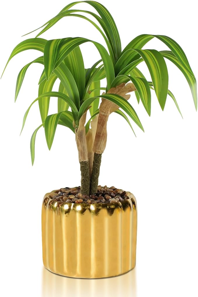 10. 6" Artificial Dracaena Plant with Textured Leaves Golden Ceramic Pot Realistic Faux Greenery Fake Potted Plant Indoor Outdoor Home Decor for Living Room Office Garden Table Centerpiece