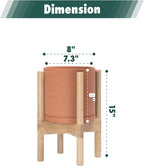 D'vine Dev Terracotta Planter with Natural Stand - 8 Inch Modern Round Flower Pot with Wood Planter Holder, Terracotta, 55-B-N-5