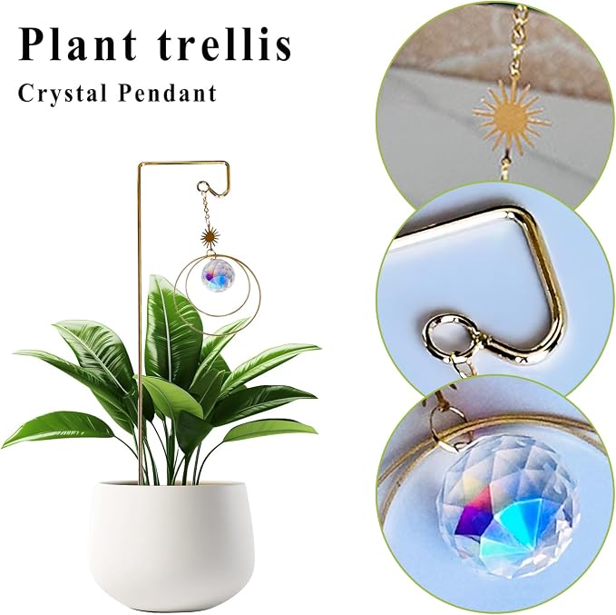 2 Pack Trellis for Potted Plants with Crystal Sun Catcher, Small Metal Garden Trellises for Climbing Plants Outdoor Indoor, Home Flower Vine Pot Plant Decor