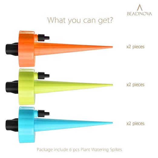 BEADNOVA Plant Self Watering Spikes Automatic Irrigation Equipment Adjustable Self Watering Spikes for Plants with Slow Release Control Valve (Orange Blue Green, 6pcs)