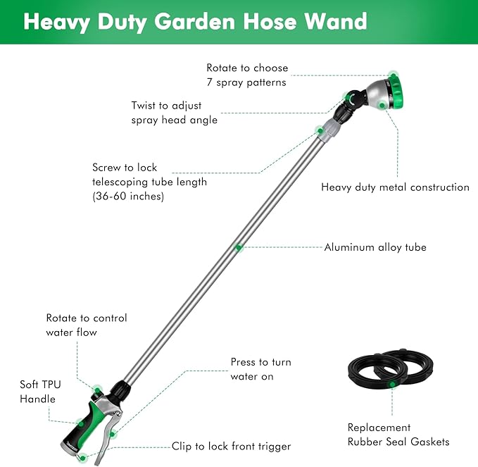 RESTMO 36”-60” Metal Watering Wand, Long Telescopic Tube | 180° Adjustable Ratcheting Head | 7 Spray Patterns | Flow Control, Perfect Garden Hose Sprayer to Water Hanging Baskets, Shrubs, Green