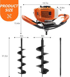 62CC Auger Post Hole Digger, 2 Stroke Gas Powered Earth Post Hole Digger with 2 Auger Drill Bits(6" & 8") + 1 Extension Rods for Farm Garden Plant, Orange (62CC)