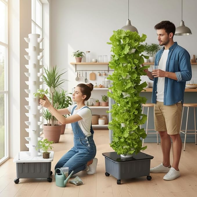 Vertical Hydroponics Growing System,Aeroponic Grow Tower for Herbs, Fruits and Vegetables 14 Layer 70 Plants Sites with Movable Water Tank Hydrating Pump, Timer, Adapter