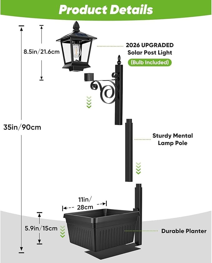 Solar Lamp Post with Planter, 2-in-1 Outdoor Solar Light with Built-in Planter Box, Waterproof Solar Powered Pathway Lamp for Garden Patio, Auto On/Off Warm White Light for Front/Back Door (large35'')