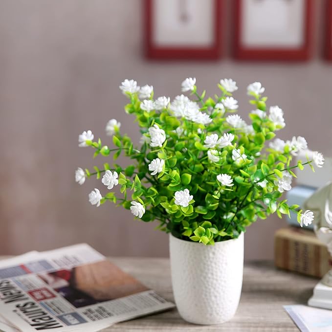 Artificial Plants Flowers Grass Shrubs 8 Pack No Fade Faux Plastic Flowers Outdoor for Vases Farmhouse Garden Porch Patio Office Indoor Wedding Decoration Greenery Fake Plants (2#White)