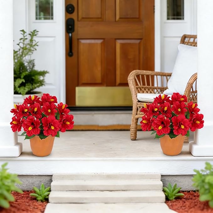 Briful Artificial Hibiscus Flowers in Pot, 14.1" Faux Tropical Flower Plant for Outdoor Porch, Potted Red Hibiscus Tabletop Decor for Living Room, Dining Table, Kitchen, Office, Indoor Home Décor