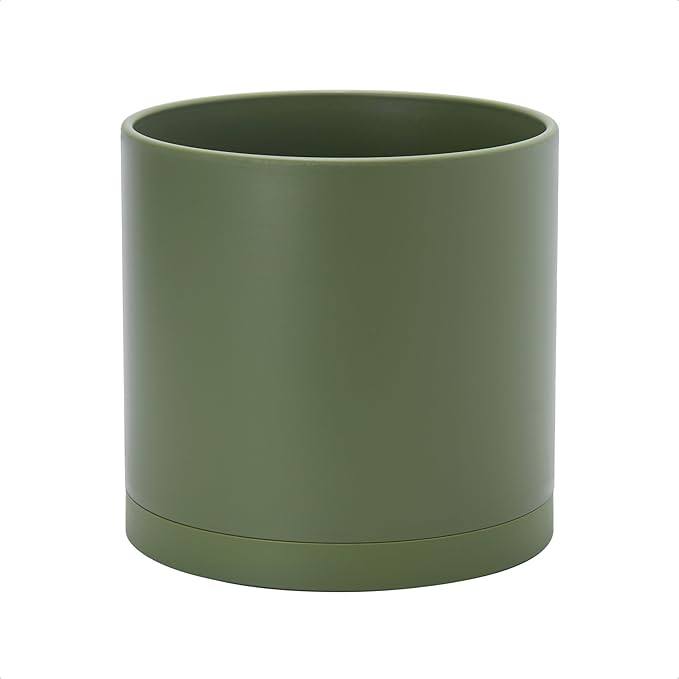 D'vine Dev 10 Inch Plastic Planter Pots for Plant Pot with Drainage Hole and Seamless Saucers, Olive, 74-X-I-2
