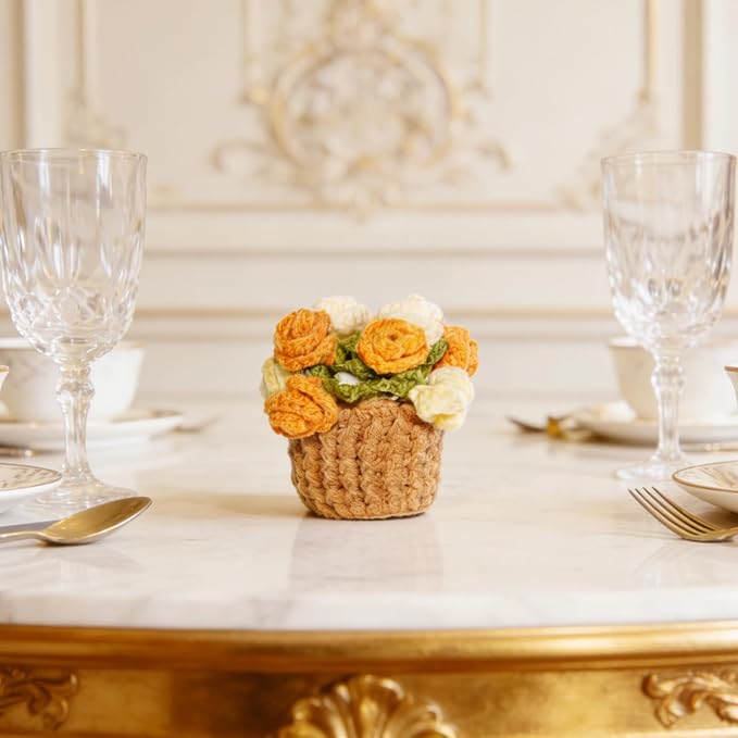 Handmade Crochet Orange Rose Coaster, Realistic Mini Flower Pot Holder, Washable Cotton Yarn Table Decoration, Multi-Purpose Mat for Cup & Mug, 2 x 2 x 3.5 inches