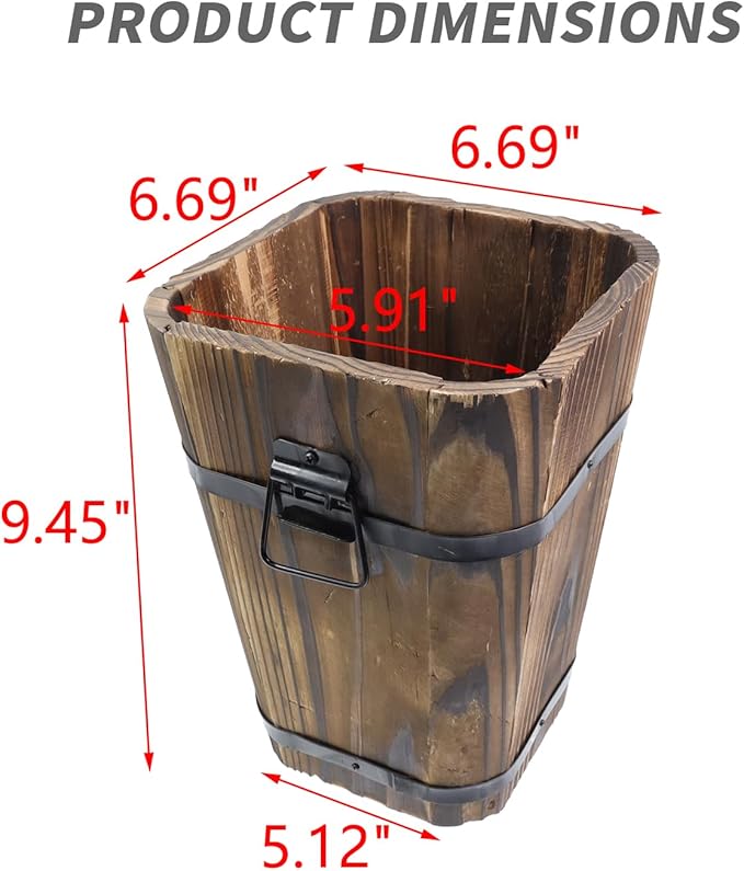 MY MIRONEY Plant Pots, Vintage Wooden Barrel Planter - Solid Rustic Garden Flower Pot with Metal Handles & Frame for Indoor Planter, Office Home Decor, Garden Home Plants, 6.69" x 9.45"