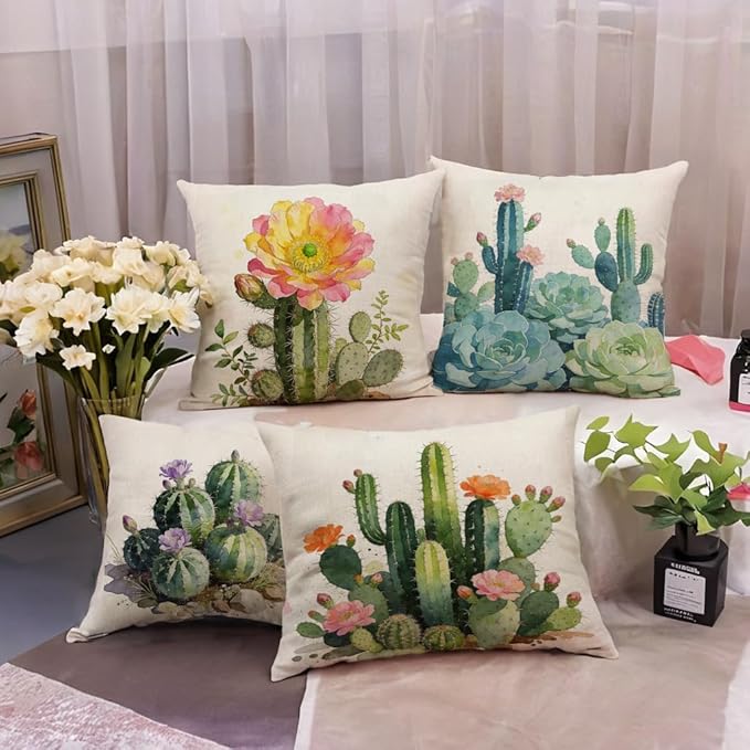 Watercolor Cactus Succulent Pillow Covers 18x18 Inch Set of 4, Colorful Tropical Plant Floral Cactus Cushion Cases, Summer Botanical Flower Throw Pillow Covers,for Sofa Living Room Decor (Green)