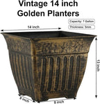 14 Inch Vintage Square Planter - 4 Pack Heavy Duty Antique Gold Plastic Flower Pot with Drainage & Raised Base, Retro Distressed Style Plant Container for Outdoor Patio, Porch, Indoor (7 Gallon)