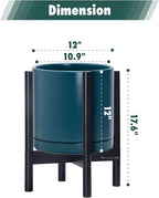 D'vine Dev Ceramic Planter with Ebony Stand - 12 Inch Modern Round Flower Pot with Wood Planter Holder, Teal, 55-B-H-4