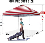 CROWN SHADES 10x10 Pop Up Canopy - Beach Tent with One Push Setup - Easy Outdoor Sun Shade for Events, Parties, Camping - Gazebo with STO-N-Go Cover Bag, Silver Coated Top, Red Strips