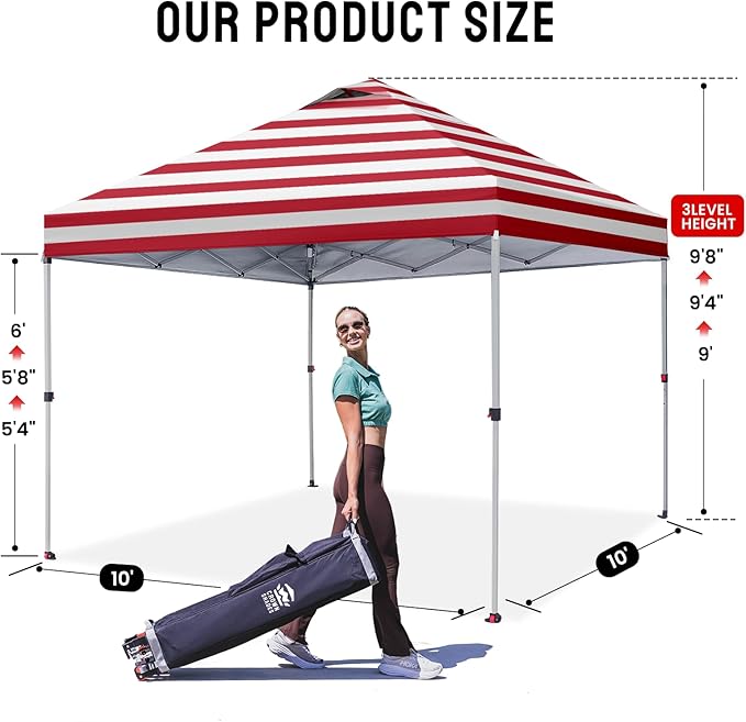 CROWN SHADES 10x10 Pop Up Canopy - Beach Tent with One Push Setup - Easy Outdoor Sun Shade for Events, Parties, Camping - Gazebo with STO-N-Go Cover Bag, Silver Coated Top, Red Strips