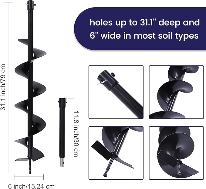 DYRABREST Auger Drill Bit 6x12inch Garden Plant Flower Bulb Auger Spiral Hole Drill for Post Holes Replacement Earth Digger Planting Drill (6‘’ Drill Bit)