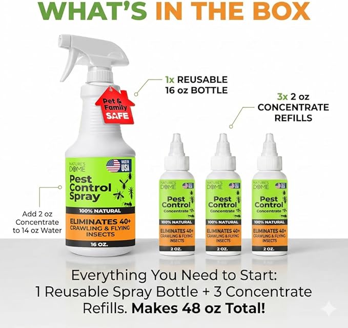 Nature's Dome Pest Killer Starter Kit, Makes 48 Oz (3 Concentrate Vials + 1 Reusable Sprayer) Plant-Based Ant, Roach, Spider & Fly Killer Spray | Indoor/Outdoor, Child & Pet Safe Essential Oil Formula