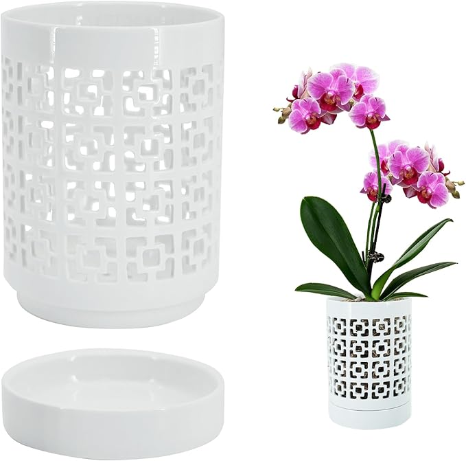 Orchid Pots with Holes 4 Inch, Ceramic Orchid Pot for Repotting with Saucers,More Ventilation Hole Easy Breathing, Plant Pot for Repotting Orchids and Other Flowers - Indoor/Outdoor White