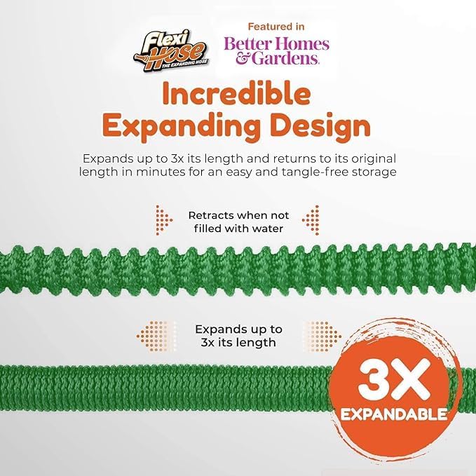 Flexi Hose with 8 Function Nozzle, 75FT - Lightweight Expandable Garden Hose, No-Kink Flexibility, 3/4 Inch Solid Brass Fittings and Double Latex Core - Green