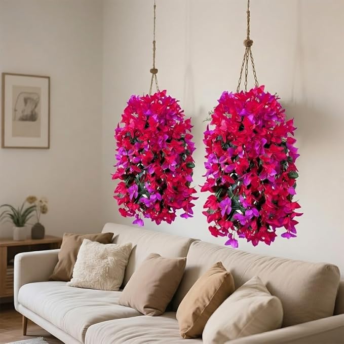 Artificial Flowers for Outdoors Fake Fuchsia Hot Pink Bougainvillea Hanging Flower Decoration, 2Pcs Realistic Faux Silk Plants Long Trailing Vines, Spring Decor for Porch Patio Balcony Planter Yard