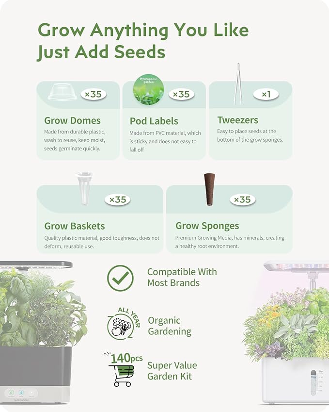 URUQ 140Pcs Hydroponic Pods Supplies: Compatible with AeroGarden Grow Anything Herb Kits - Includes Grow Sponges Grow Baskets Grow Domes Labels - Hydroponics Supplies for Most Brand (Pack of 2)