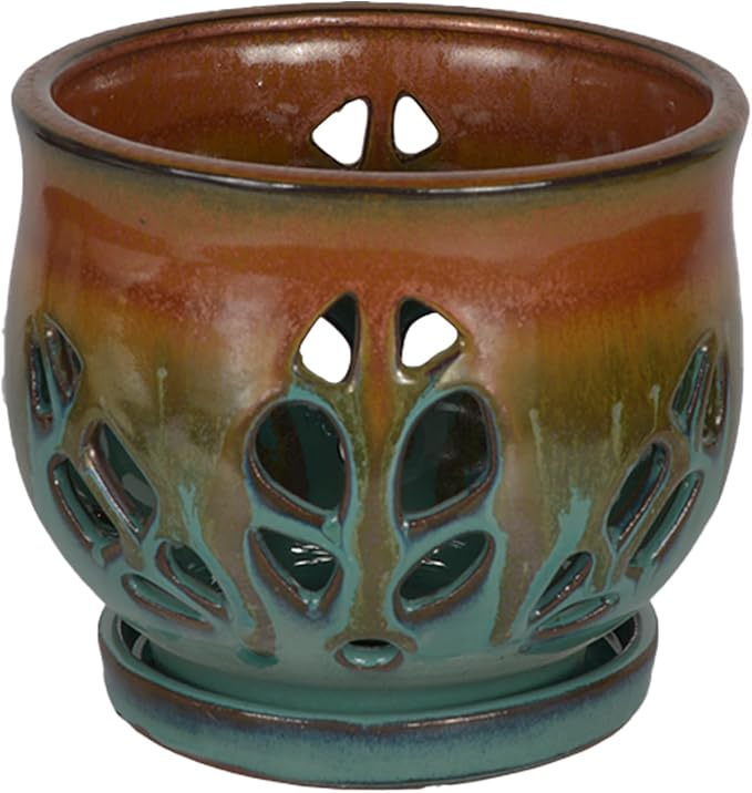 W&W Orchid Pot with Holes and Saucer for Repotting, Tan Mix, 6.5"