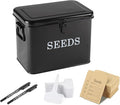 Seed Storage Organizer, T-Shape Compartment Seed Box with Safety Lock, Metal Seed Saving Box, Portable Seed Bin Container with Handle, Including 2 Pens 20 Plant Labels 50 Seed Envelopes-Black