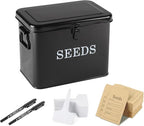 Seed Storage Organizer, T-Shape Compartment Seed Box with Safety Lock, Metal Seed Saving Box, Portable Seed Bin Container with Handle, Including 2 Pens 20 Plant Labels 50 Seed Envelopes-Black