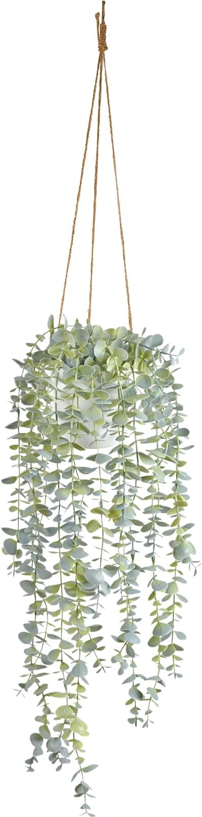 Decorative Hanging Plants for Shelf, Faux Ivy Eucalyptus Vine, Fake Greenery in White Pot with Lanyard (Full, Large Pot)