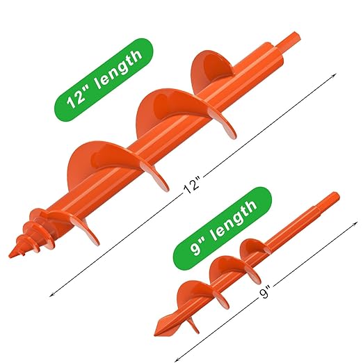 Insaga 2Pack Garden Auger Drill Bit for Planting, 1.6x9 & 3x12 Post Hole Digger, Spiral Garden Earth Auger Drill Bit for Fence Posts Bulbs Plants, Fits 3/8" Hex Drive Drill