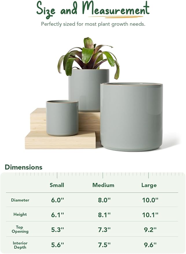 LE TAUCI Ceramic Pots for Plants, 10/8/6 Inch Indoor Planters with Draiange Hole, Silicone Plug & Mesh Pad, Modern Minimalist Pots for Home Office, Set of 3, Glossy, Mist Gray