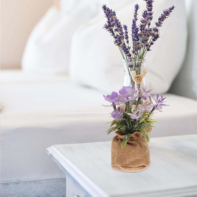 Faux Phalaenopsis Orchid Plant in Pot, Realistic Artificial Plastic Flower, Home Decoration for Living Room Office Bedroom, Potted Faux Flower with Jute Bag