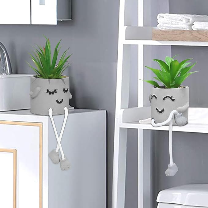 Zerzsy Faux Succulents in Cement Pots with Hanging Leg, Potted Mini Fake Plants for Desk Decor, Kitchen Shelf Decor, Office Decoration for Women, Bathroom Shelf Plants Decoration - Set of 2