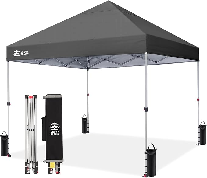 CROWN SHADES 8x8 Pop Up Canopy - Beach Tent with One Push Setup - Easy Outdoor Sun Shade for Events, Parties, Camping - Gazebo with STO-N-Go Cover Bag, Silver Coated Top,Grid Grey