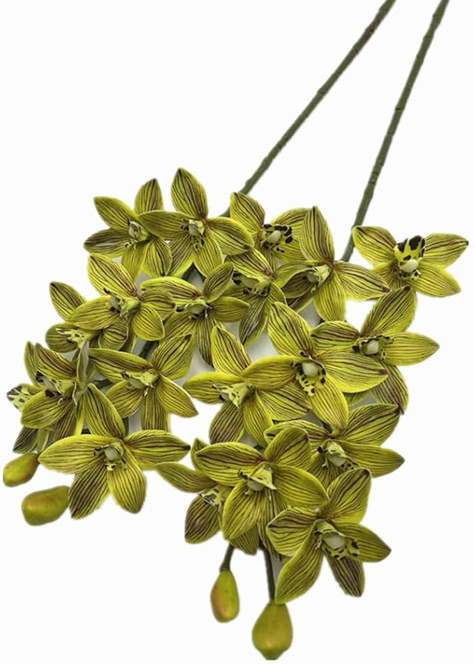 4pcs Artificial Cymbidium Orchid Flower Plant 3D Print Vanda 10 Heads Latex Phalaenopsis Flower (Light Green)