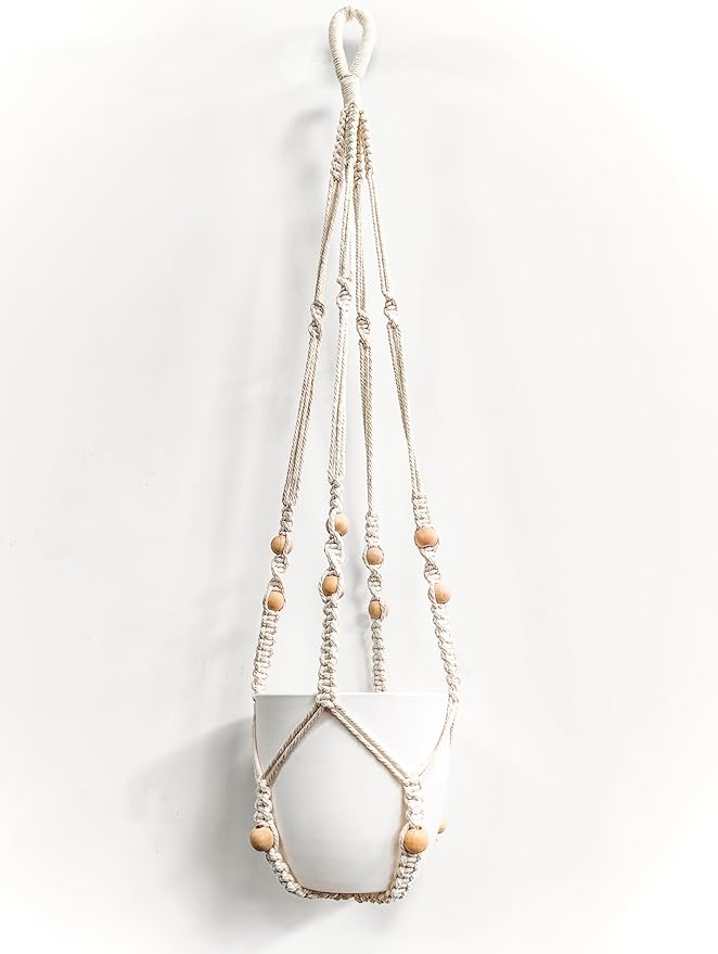 Comtelek 2 Pack Hanging Planter with Lights Indoor Macrame Plant Hanger Basket with Wood Beads Flower Pot Holder No Tassels for Boho Home Window Decor 35 Inch, Ivory (POTS NOT Included)
