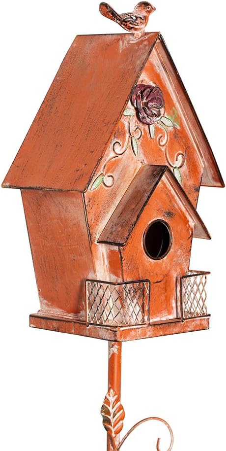 Dutch Cottage Bird House Stakes for Outside with Pole, Distressed Metal Birdhouse Stand for Outdoor Garden Decor(58")