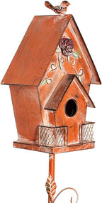 Dutch Cottage Bird House Stakes for Outside with Pole, Distressed Metal Birdhouse Stand for Outdoor Garden Decor(58")