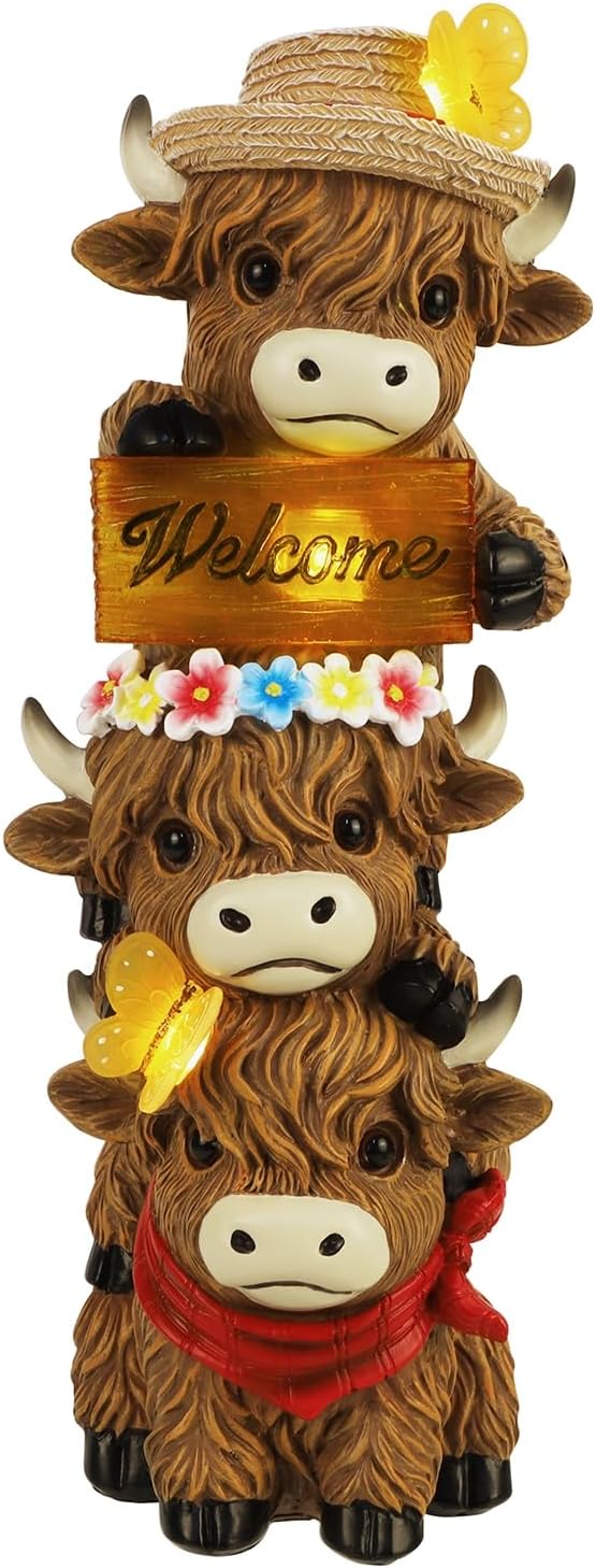 Glintoper Solar Garden Highland Cow Statue, 12" Outdoor Spring Decoration Lighted Triple Stacked Resin Cow Whimsical Yard Art, Birthday Mothers Day Ideal Gifts, for Summer Porch Pathway Patio Lawn