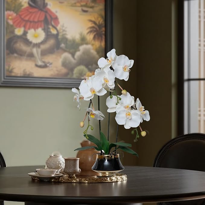 CXGS Orchids Artificial Flowers Realistic Fake Flowers in Ceramic Vase 20" White Faux Plants Indoor Lifelike Soft PU Phalaenopsis for Centerpiece Hotel Home Decor